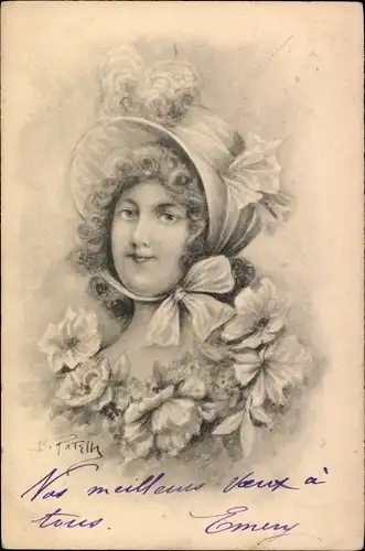 Künstler Ak Portrait einer Frau mit Haube, Blüten
