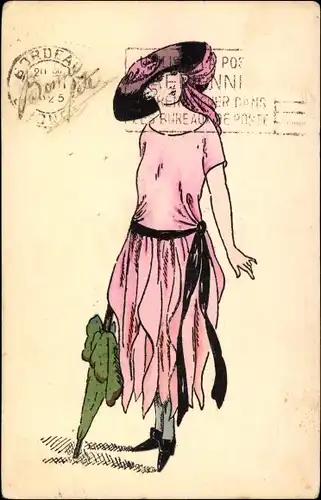 Litho Frau in rosa Kleid mit Hut und Regenschirm