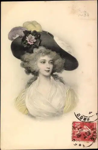Ak Portrait einer Frau mit Hut, Federn