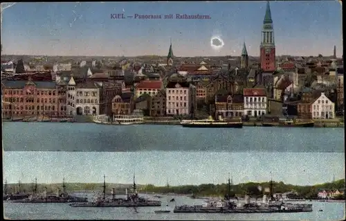 Ak Hansestadt Kiel, Panorama mit Rathausturm