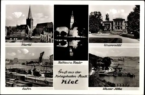 Ak Hansestadt Kiel, Markt, Universität, Theater, Rathaus, Hafen, Wasserallee