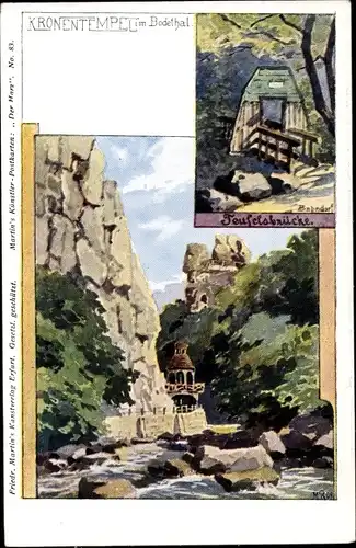 Künstler Ak Thale im Harz, Bodetal, Kronentempel, Uferpartie, Teufelsbrücke