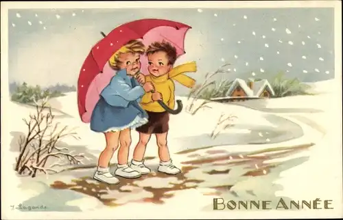 Künstler Ak Lagarde, Glückwunsch Neujahr, Bonne Année, Kinder unter Schirm, Schneefall