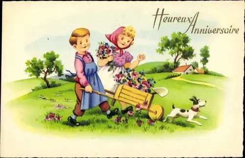 Ak Glückwunsch Geburtstag, Heureux Anniversaire, Bauern mit Schubkarre, Blumen, Hund