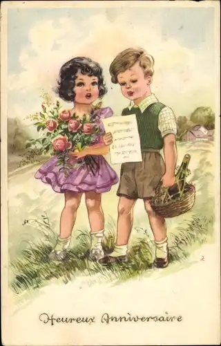 Ak Glückwunsch Geburtstag, Heureux Anniversaire, Singende Kinder, Blumen, Weinflasche