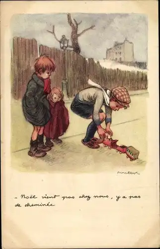 Künstler Ak Poulbot, Francisque, Jungen mit Spielzeugeisenbahn