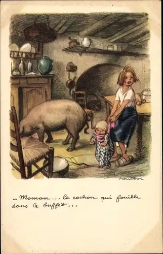 Künstler Ak Poulbot, Francisque, Kinder und Schwein in einer Küche