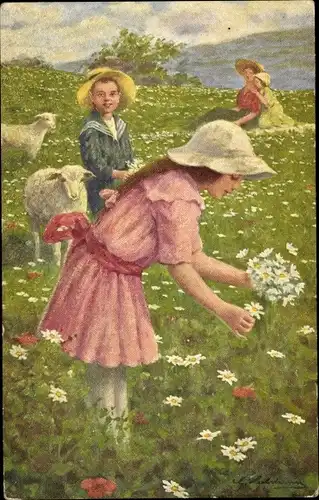 Künstler Ak Kinder auf einer Blumenwiese, Schafe