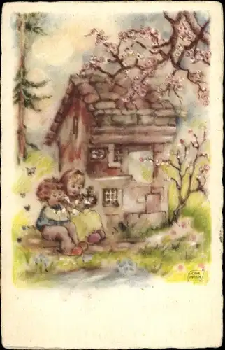 Künstler Ak Zwei Kinder vor einem Haus, Baumblüte