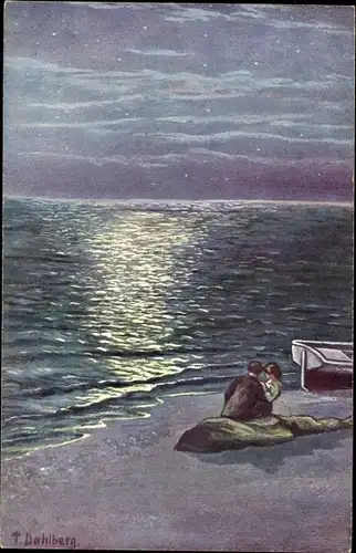 Künstler Ak Dahlberg, T., Meeresleuchten, Paar an der Küste, Mondschein