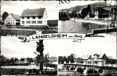 Ak Langelsheim am Harz, Sportheim, Ehrenmal, Schwimmbad, Brücke, Goslarer Straße