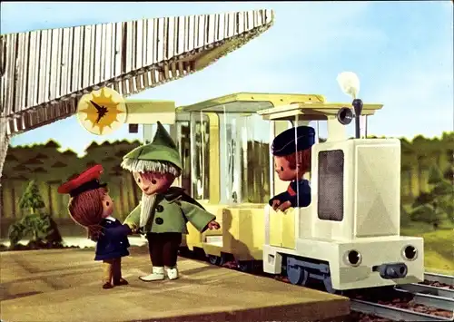 Ak Unser Sandmännchen, Sandmann, DDR Kinderfernsehen, Eisenbahn, 6244