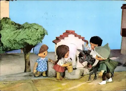 Ak Unser Sandmännchen, Sandmann, Esel, Brunnen, DDR Kinderfernsehen, 6875