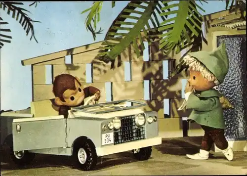 Ak Unser Sandmännchen, Sandmann, DDR Kinderfernsehen, Affe, Auto PU 204, 6249