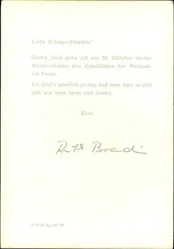 Ak Sängerin Ruth Brandin, Wählt die Kandidaten der Nationalen Front, Portrait, DDR