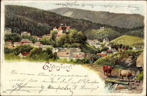 Litho Elgersburg in Thüringen, Panoramaansicht des Ortes, Kühe