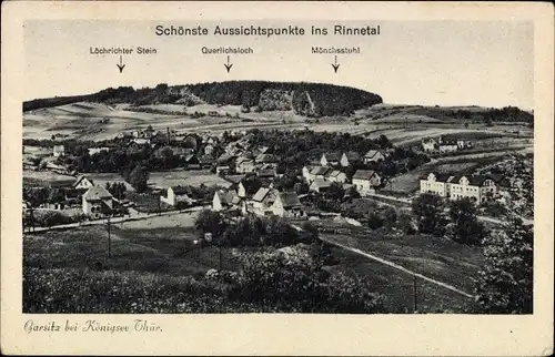 Ak Garsitz Königsee in Thüringen, Gesamtansicht, Mönchsstuhl, Querlichsloch, Löchrichter Stein