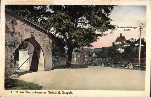 Ak Grünthal Olbernhau im Erzgebirge Sachsen, Kupferhammer, Stadtansicht, Oberneuschönberger Kirche