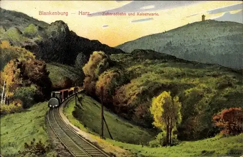 Künstler Ak Blankenburg am Harz, Zahnradbahn und Kaiserwarte