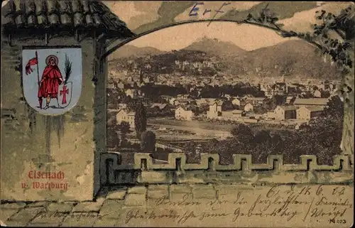 Wappen Ak Lutherstadt Eisenach in Thüringen, Panorama mit Wartburg, Tor