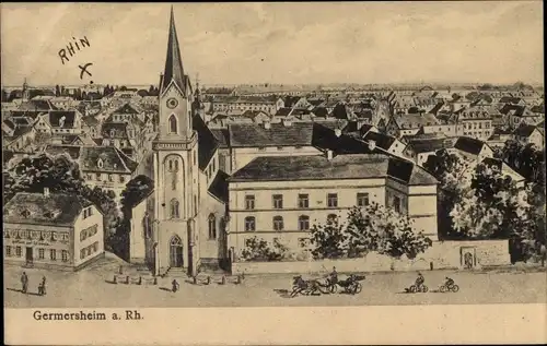 Ak Germersheim am Rhein, Blick auf Ort und Kirche