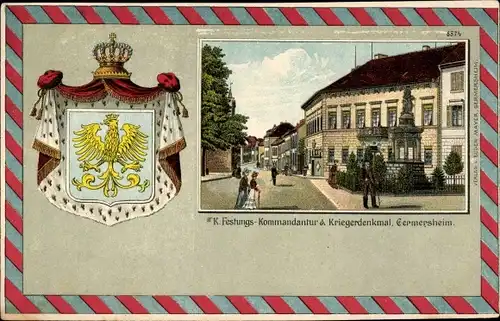 Präge Wappen Litho Germersheim in der Rheinebene Rheinland Pfalz, Kommandantur, Kriegerdenkmal