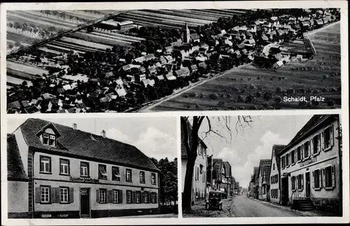 Ak Schaidt Wörth am Rhein in der Pfalz, Gasthaus zum Bahnhof, Blick auf den Ort, Fliegeraufnahme