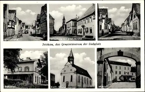 Ak Zeiskam in Rheinland Pfalz, Pfalzstraße, Mühle, Kirche, Bahnhof, Kirchstraße, Geschäft