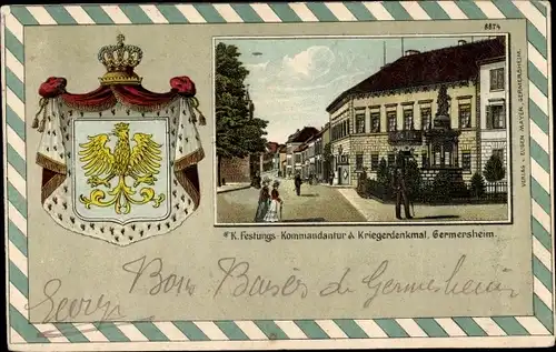 Präge Wappen Litho Germersheim in der Rheinebene Rheinland Pfalz, Kommandantur, Kriegerdenkmal