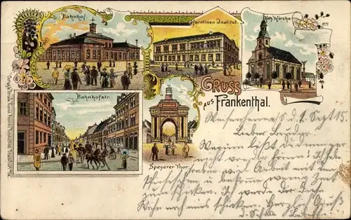 Litho Frankenthal in der Pfalz, Katholische Kirche, Speyerer Tor, Karolinen Institut, Bahnhof