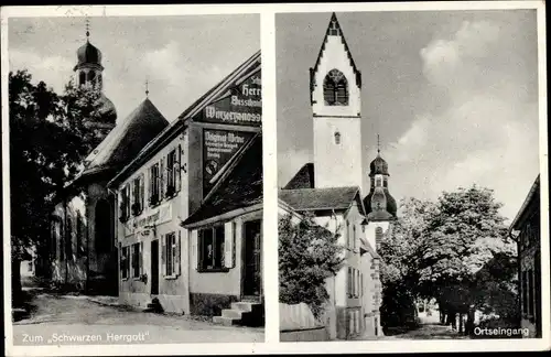 Ak Zell Zellertal in der Pfalz, Wirtschaft zum Schwarzen Herrgott, Ortseingang, Kirche