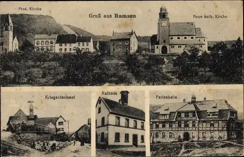 Ak Ramsen in der Pfalz, Kriegerdenkmal, Rathaus, Ferienheim, Katholische Kirche