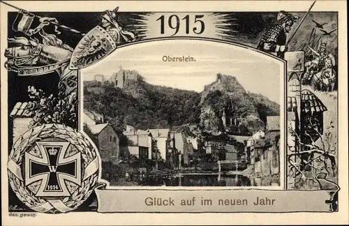 Passepartout Ak Idar Oberstein an der Nahe, Glückwunsch Neujahr, Felsenkirche, Jahreszahl 1915