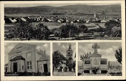 Ak Meddersheim an der Nahe Pfalz, Kriegerdenkmal, Kirche, Gemeindesaal, Blick auf den Ort