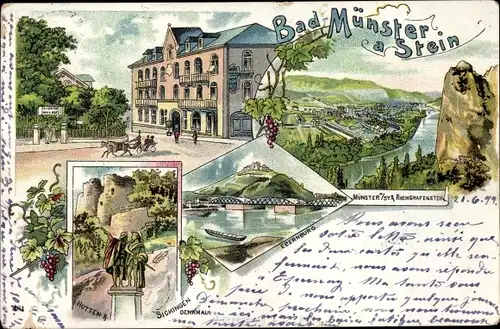 Litho Bad Münster am Stein Ebernburg, Rheingrafenstein, Hutten und Sickingen Denkmal