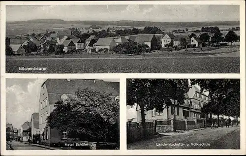 Ak Büchenbeuren im Hunsrück, Hotel Schüler, Landwirtschafts und Volksschule, Totale