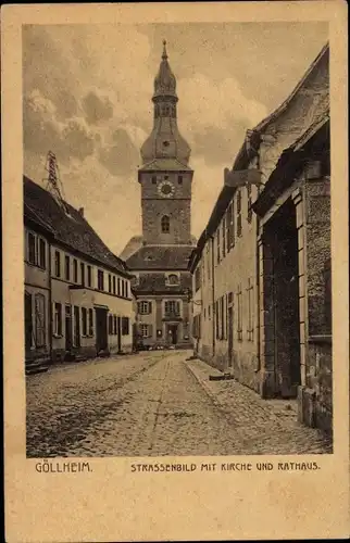 Ak Göllheim in der Pfalz, Straßenpartie mit Kirche und Rathaus