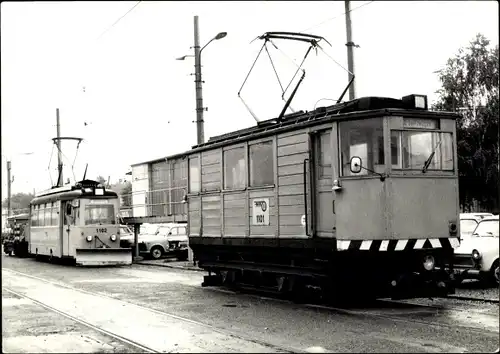 Foto Straßenbahn 1101, 1102 mit Schneeschieber, Trabant