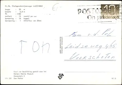 Ak Niederländisches Kriegsschiff, Hr. Ms. Lacomble, Ondiepwatermijnenveger