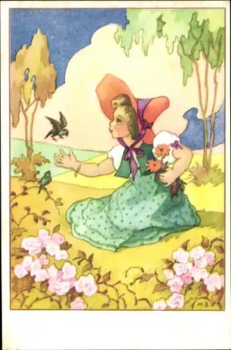 Künstler Ak Mädchen auf einer Blumenwiese, Vogel