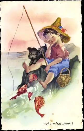 Ak Peche miraculeuse, Schlafendes Kind beim Angeln, Hund, Fische