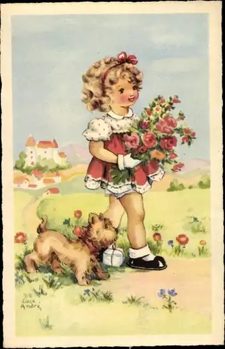 Künstler Ak André, Luce, Mädchen mit Blumenstrauß, Hund, Geschenk