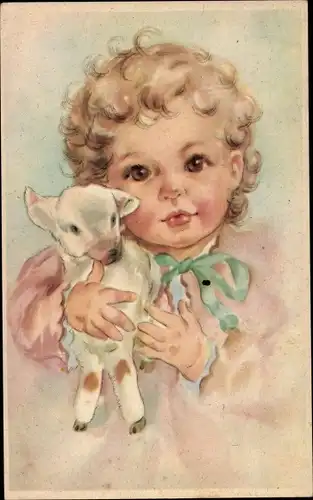 Künstler Ak Kinderportrait, Kleinkind mit Stofftier, Spielzeug