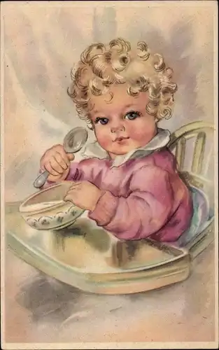 Künstler Ak Kinderportrait, Kleinkind in einem Hochstuhl, Schüssel, Löffel