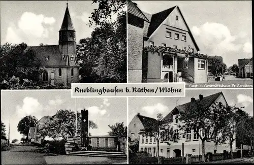 Ak Kneblinghausen Rüthen in Westfalen, Kirche, Kriegerdenkmal, Gasthaus, Geschäftshaus