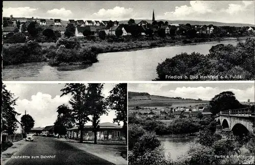 Ak Friedlos Ludwigsau in Hessen, Panorama, Fuldabrücke, Gaststätte zum Bahnhof