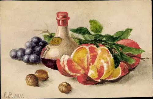 Künstler Ak Stillleben, Früchte, Likörflasche, Mandarine, Nüsse, Sammlung Lachmund