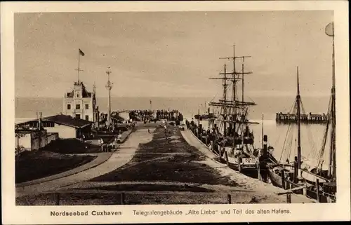 Ak Nordseebad Cuxhaven, Telegrafengebäude Alte Liebe, Alter Hafen, Segelschiff