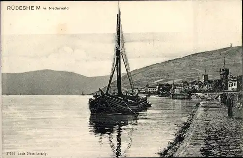 Ak Rüdesheim am Rhein, Rheinufer, Niederwalddenkmal