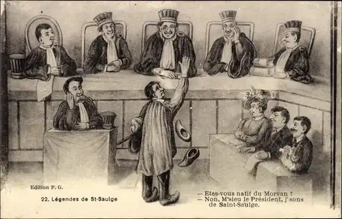 Ak Saint Saulge Nièvre, Legendes de St. Saulge, Mann vor Gericht
